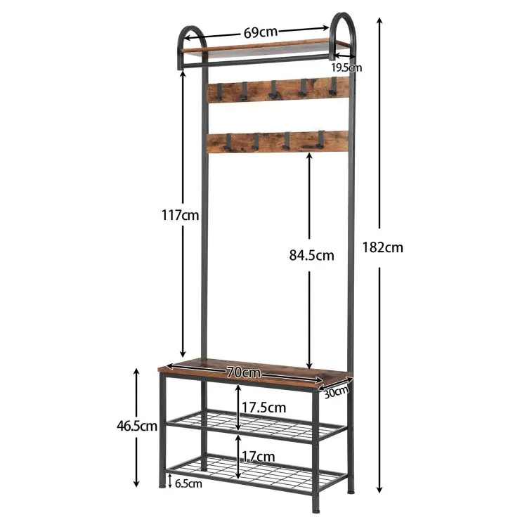 Wholesale Hall Tree with Shoe Bench and Coat Hooks Industrial Style Shoe Storage Clothes Organizer All-in-one