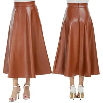 Sidiou Group Autumn Winter Women PU Leather Skirt High Waist Slim Vintage Pleated Skirt Large Swing Long Skirts