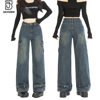 JAYDEN Wholesale streetwear denim jeans woman' high waist wide leg jeans baggy cargo denim jeans ladies with side pocket