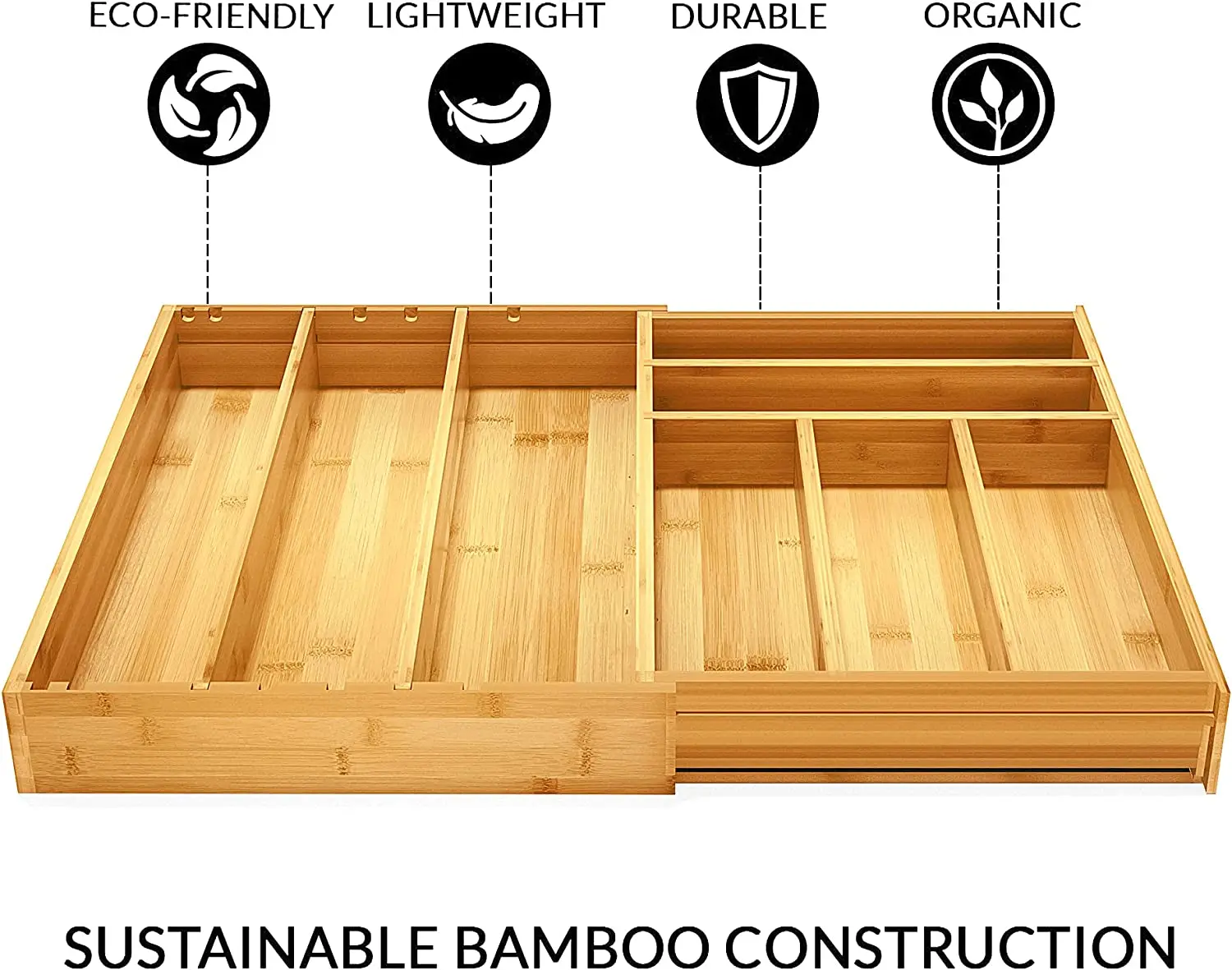 product adjustable single tier wood cutlery tray divider bamboo kitchen drawer organizer for utensil storage and sundries-1