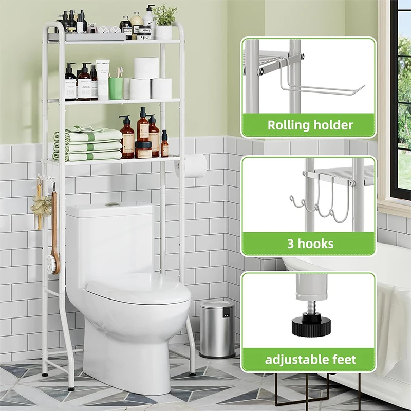 Bathroom with Hooks Metal 3 Tier Over The Toilet Storage Rack supplies Paper roll Holder towel Bathing supplies Organizer Shelf