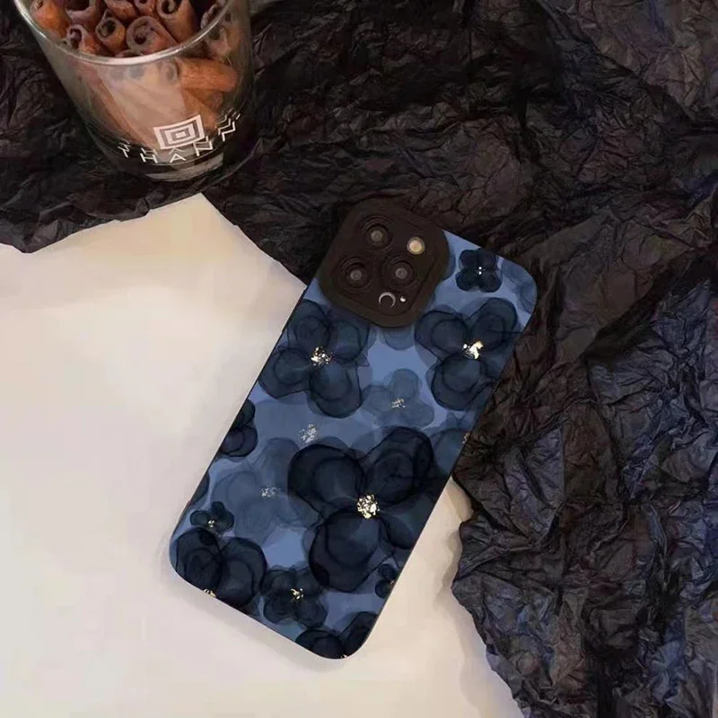 Blue Camellia Phone Case For iphone 11 12 13 14 Pro Max 14 Plus 12 13 Min 7 8 Plus Flowers Camera Protection TPU Soft Cover Case