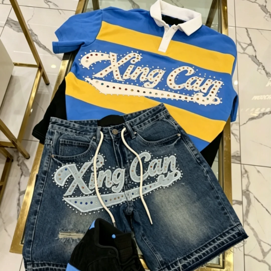 product high end custom polo shirt with rhinestone applique embroidery vintage acid wash rivet denim shorts with hand frayed hem-3
