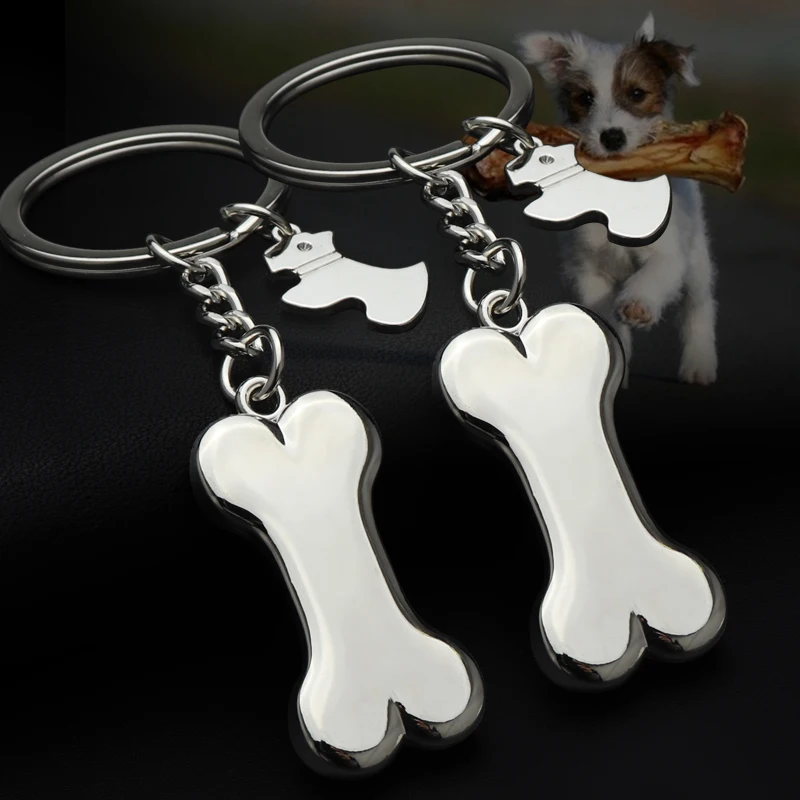 HK Small Pet Puppy Dog Charm Rhinestone Pendant Tag Bone Shape Key Ring Chain B 