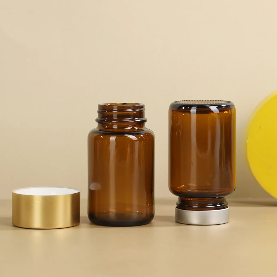 Stocked 100cc 150cc Glass Bottle Brown Amber Glass Jar For Healthcare Supplement with silver or gold caps