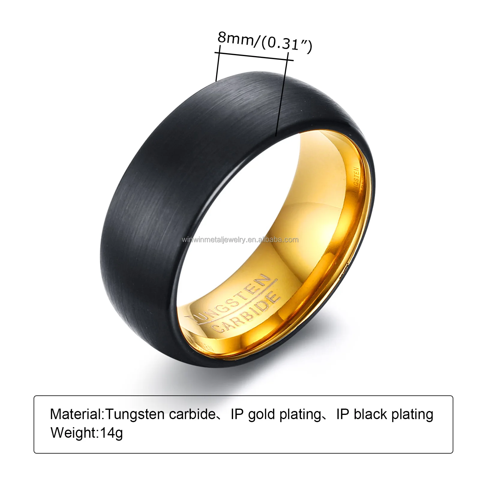 8mm Black Brushed Tungsten Wedding Band Ring with Gold Inner Vintage Style for Unisex