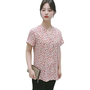 Women Blouse Shirt 100% Viscose Ladies Elegant Silk Blouses Red Work Ladies Shirt