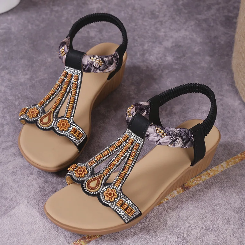 Women's summer 2024 new Bohemian rhinestone elastic beach sandals