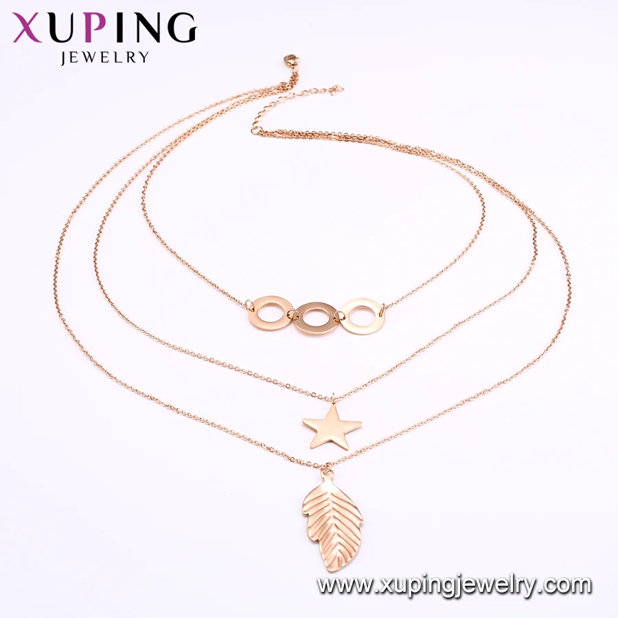 Necklace -00945 Xu ping jewelry Leaf pendant rose gold triple chain unique design stainless steel lady necklace