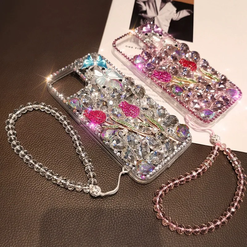 Luxury Cell Protective Cover Rhinestone Ins Style Rose Flower Mobile Phone Case for iPhone 15 14 Samsung S24 S23 A34 A54