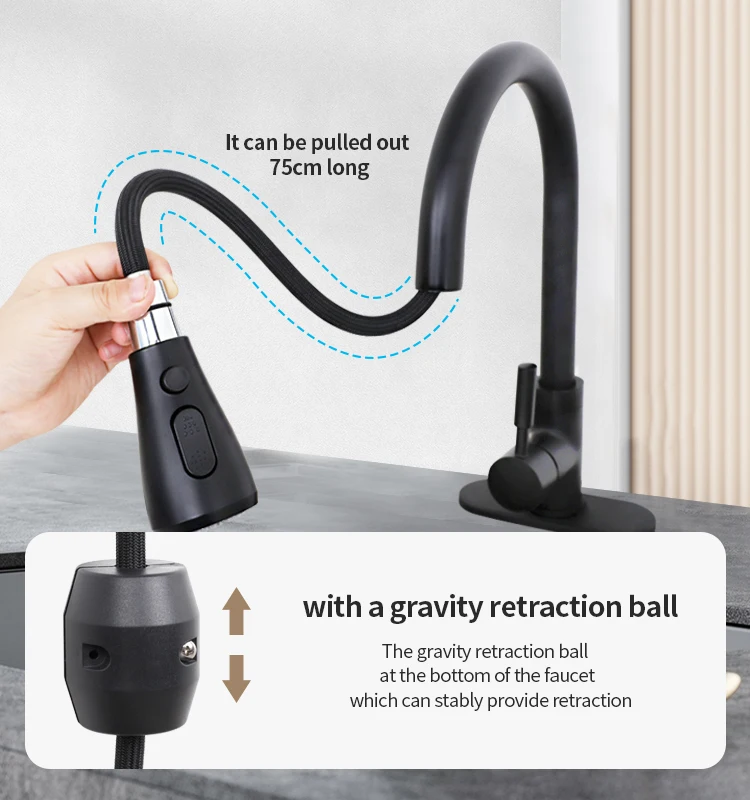 2021 Black stainless steel pull out kitchen faucet flexible hose upc nsf 61-9 kitchen faucet