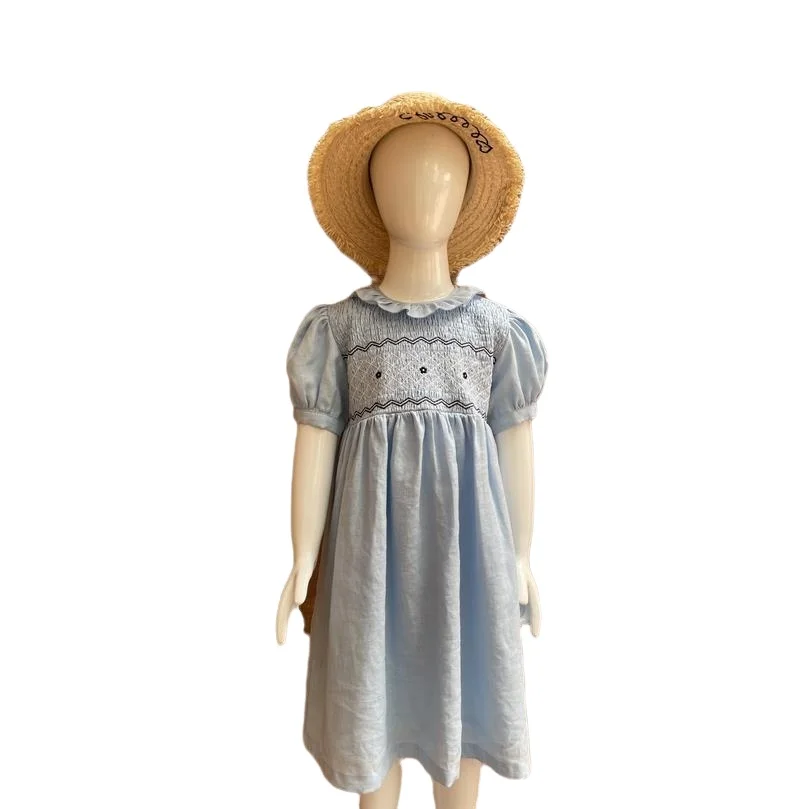 Latest new fashion smocking  design 2023 summer floral casual  dress blue long smocking stitch baby girl dresses