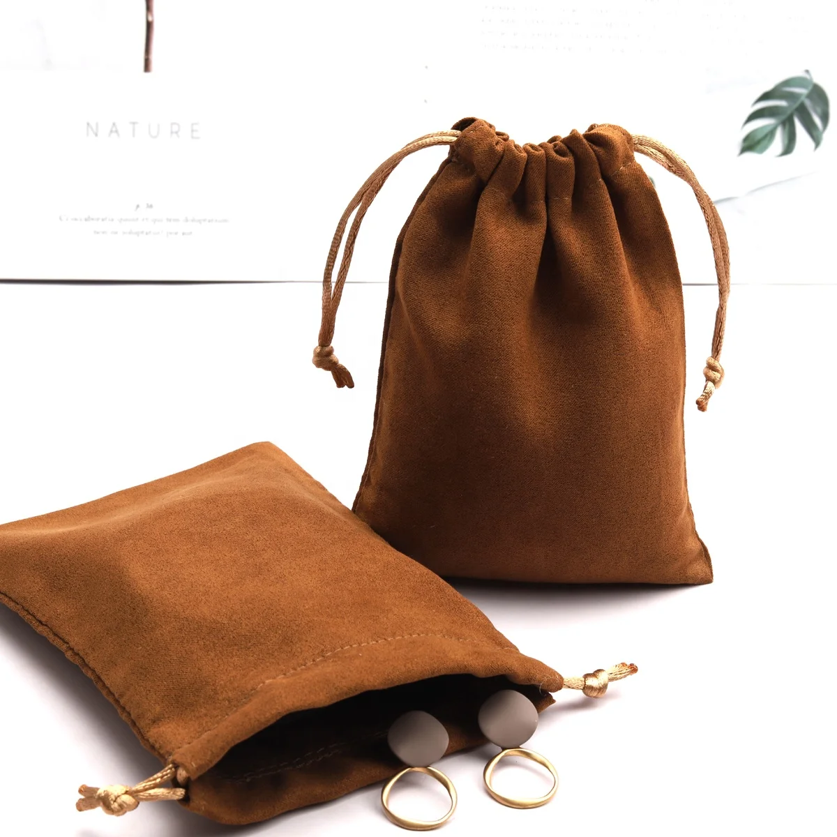 High End Brown Suede Jewelry Perfume Gift Packing Bag Luxury Watch Sunglasses Storage Velvet Drawstring Suede Pouch