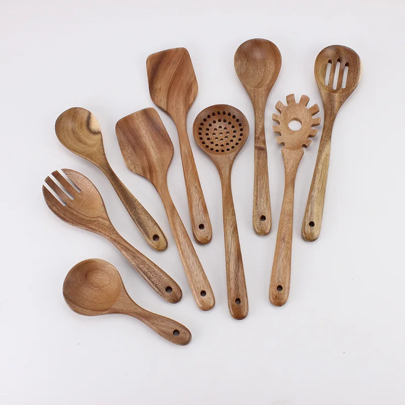 Wooden Spoons for Cooking Nonstick Wood Kitchen Utensil Cooking Spoons Natural Teak Kitchen Utensils Set Of 9 PCS