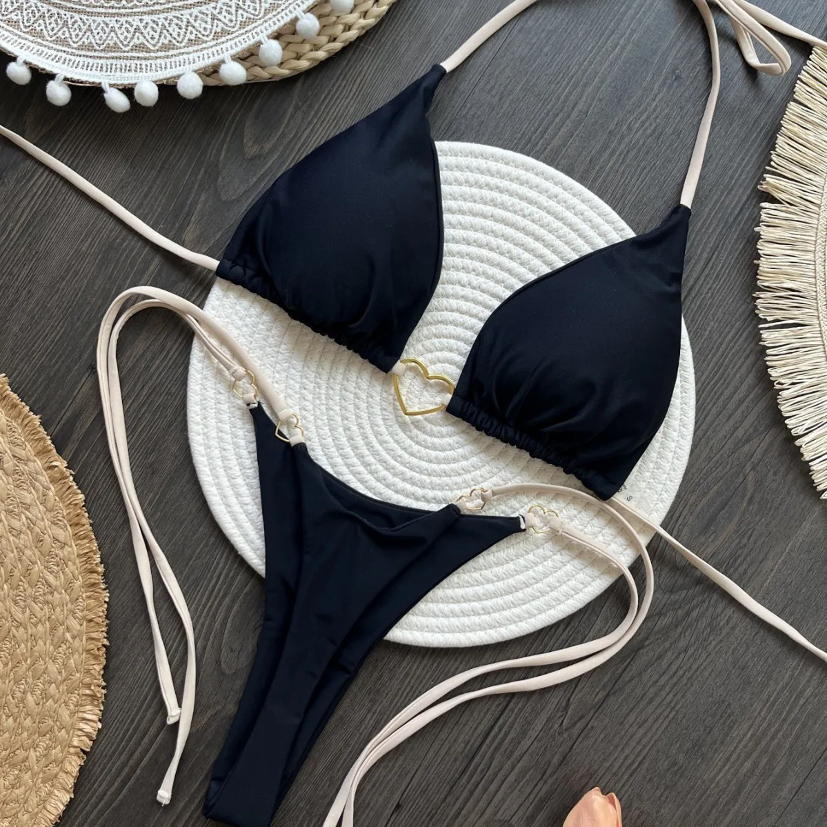 Women S String Bikini Sets Two Piece Swimsuit Halter Triangle Ring Linked Bathing Suits Bikini