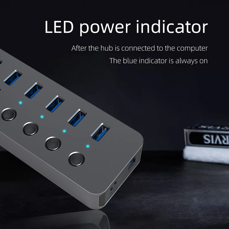Factory Original 10 In 1 Usb Hub With Individual Switches Power Adapter 100W Charging Usb 3.0 Led Lights Plug Play 3.0 H 2