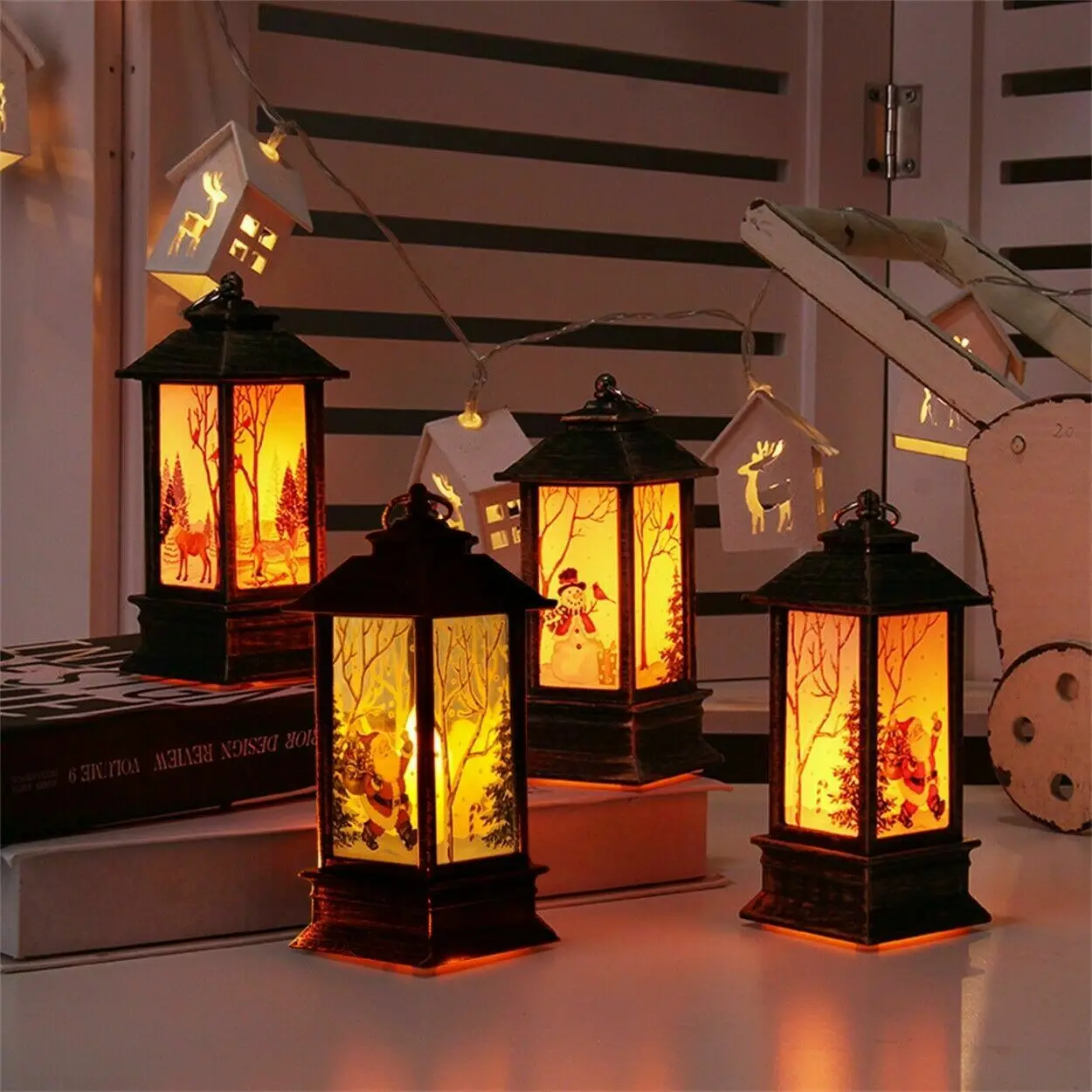 Christmas Snow Lantern Battery Operated LED Light Water Glittering Santa Snowman Hanging Night Lamp Holiday Home Ornament
