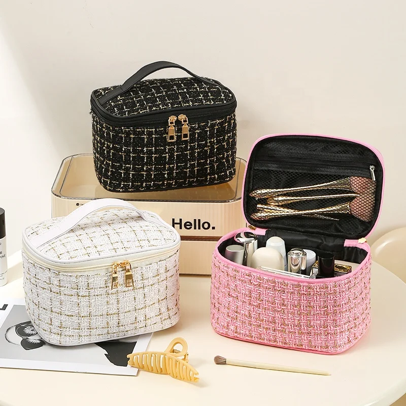 Fashion Ladies Makeup Organizer Storage Bag with Handle Plaids Large Capacity Cosmetic Bags Cases Travel Toiletry