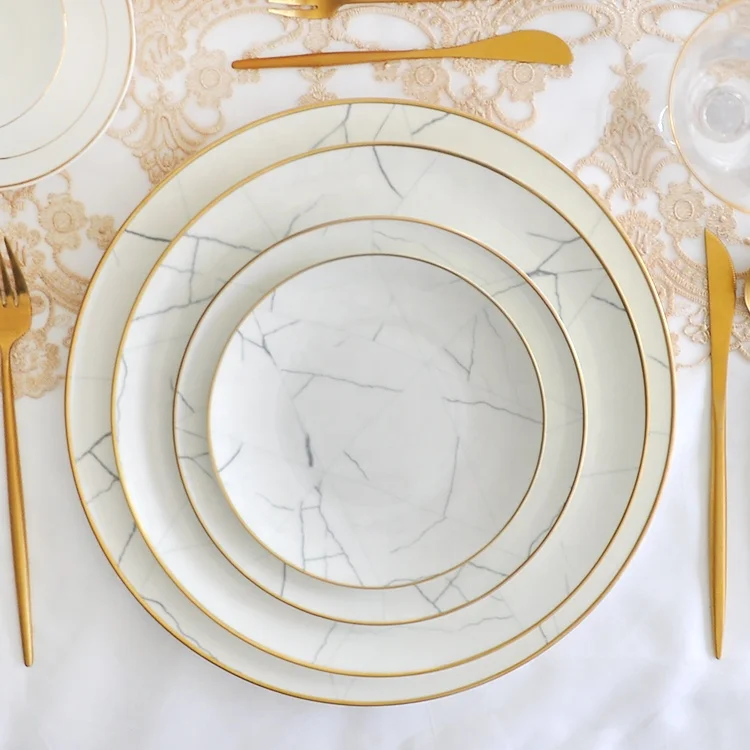 Nordic Style White Marble Tableware With Gold Rim Colorful Ceramic