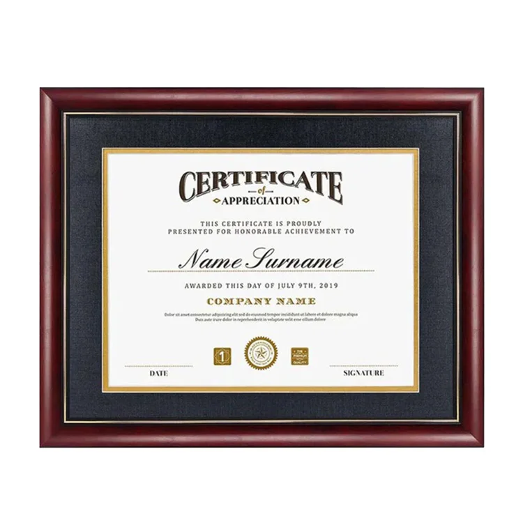 Double Matted Certificate Frame Close-Up detailed view of cherry wood frame with double mat and gold trim