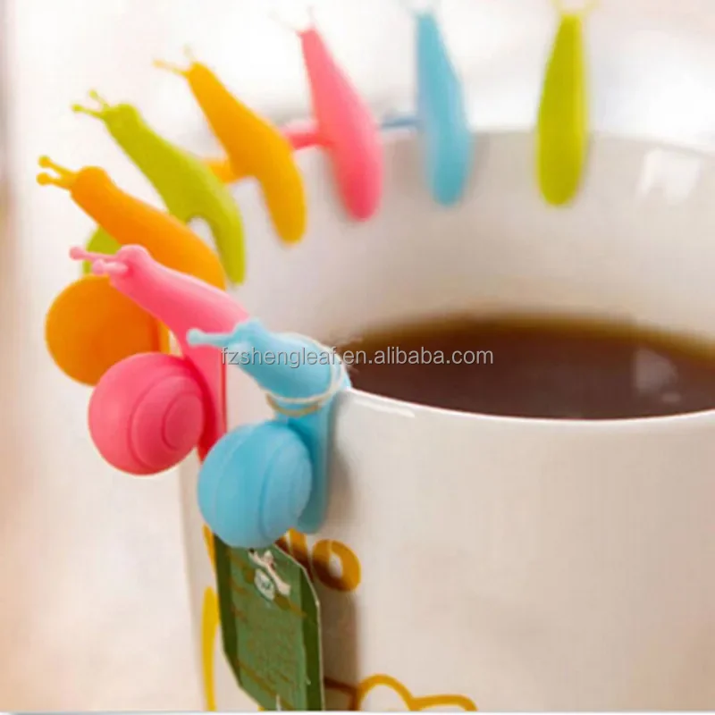 product food grade bpa free heat resistant multi function snail shape silicone cartoon drink markers tea bag spoon clips holders-4