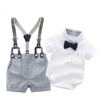Baby Boys Gentleman Outfits Suits, Infant Short Sleeve Shirt+Bib Pants+Bow Tie Clothes Set