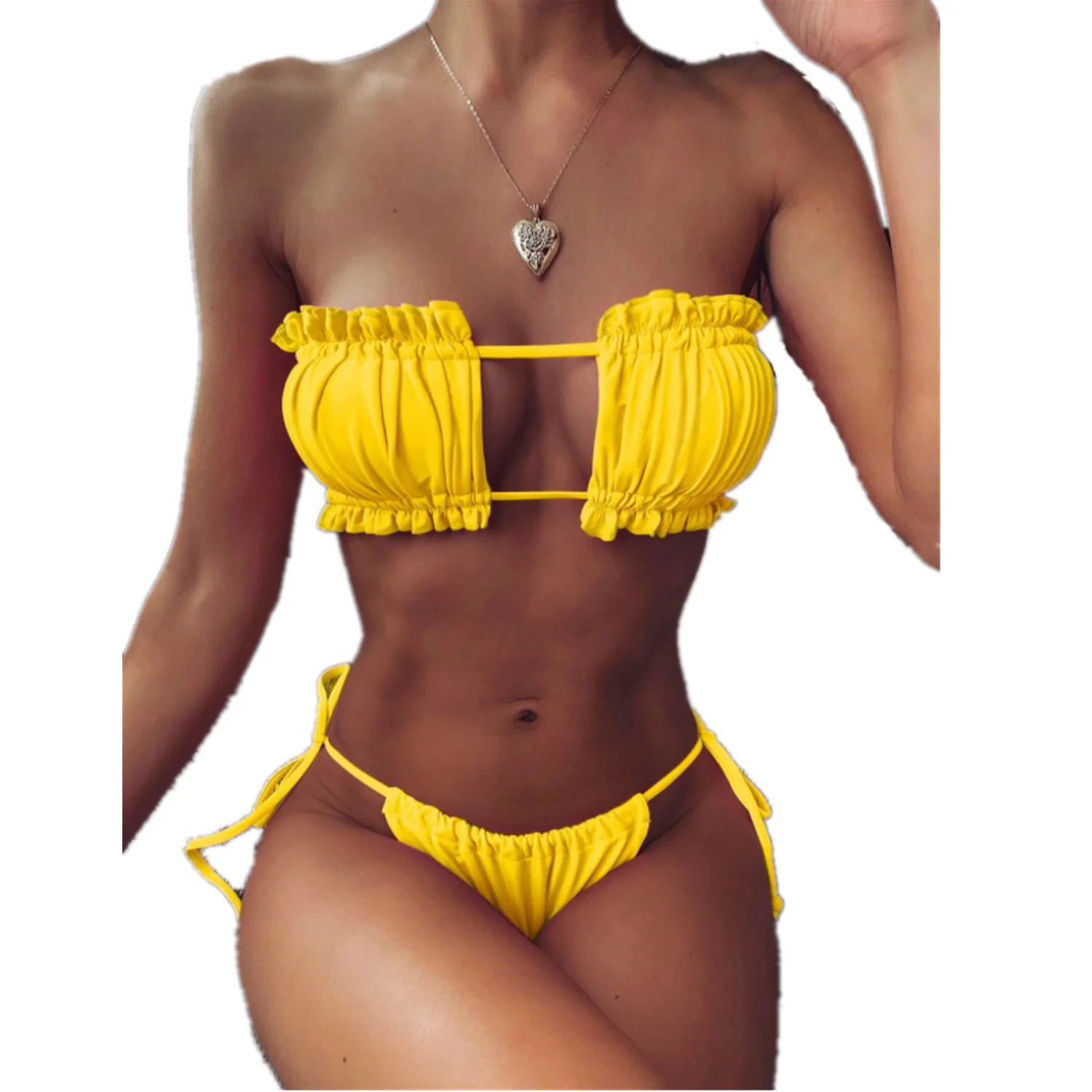 ruched frill bandeau tie side bikini swimsuit