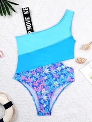4-14 years Kids Girls Asymmetrical Shoulder Straps Color Contrast Patchwork  Beach Pool Swimming Jumpsuit