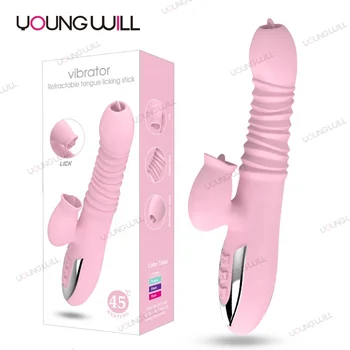 Tongue Lick Dildo Clitoris Stimulator Silicone Heating Telescopic Adult sex toys Rabbit Vibrator for Women G Spot