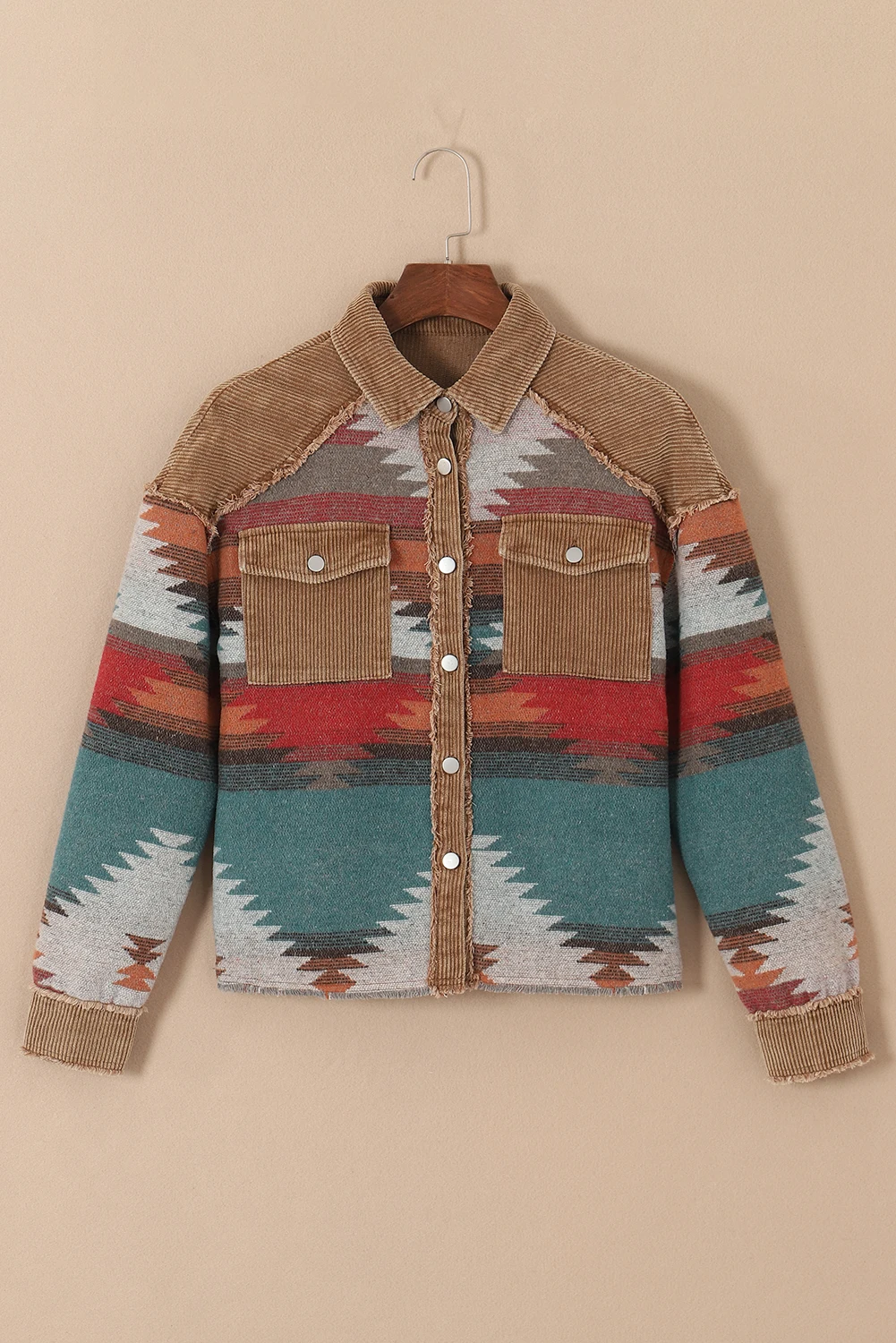Dear-Lover Camel Western Pattern Patchwork Flap Pocket Shacket Corduroy Casual Fashion Vintage Jacket For Women