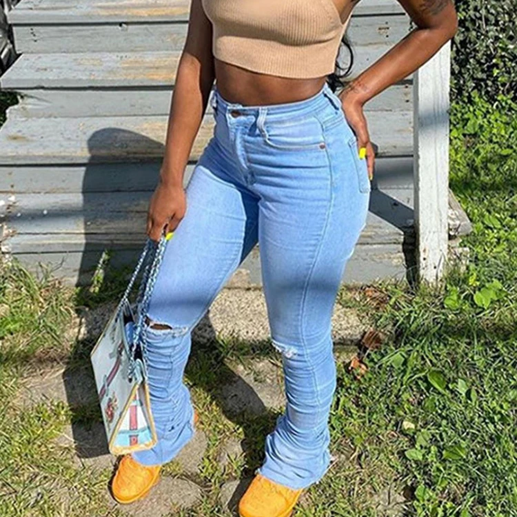casual high waisted hole denim pants