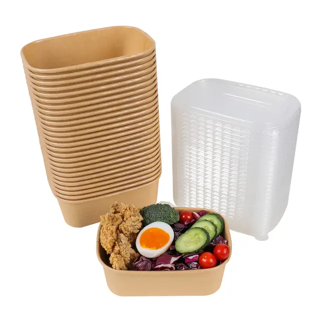 Disposable Brown Kraft White Soup Rectangular Salad Rice Water Coated Paper Plate and Bowl