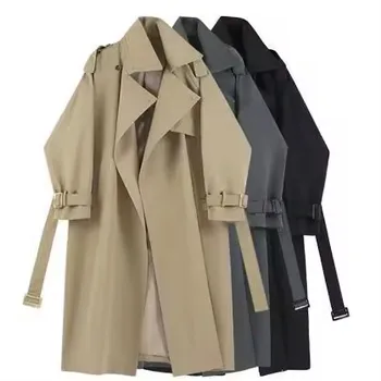 Women Basic Windbreaker Belted Overcoat Long Sleeve Outwear Jacket Solid Color Pockets Long Coats With Belt