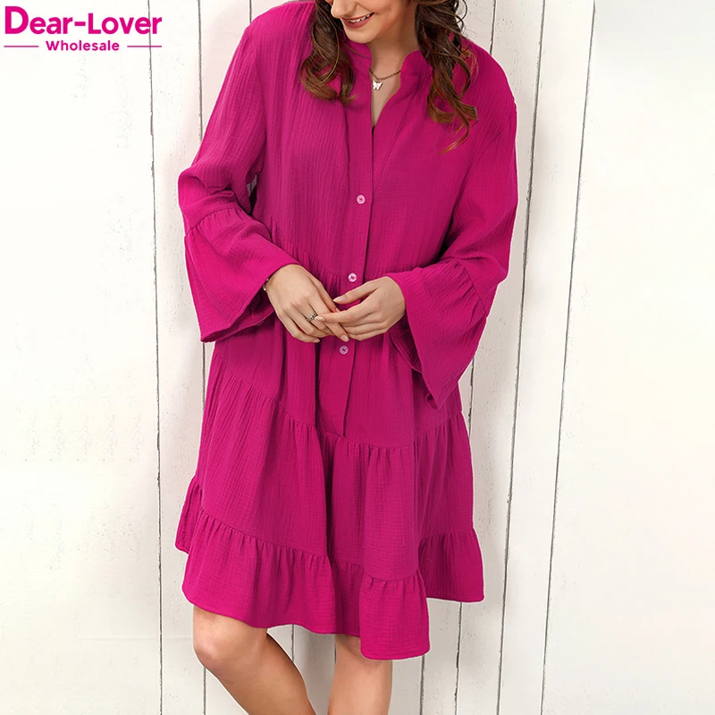 Dear-Lover Custom OEM ODM Private Label Wholesale Button Loose Texture Crinkled Tiered Split Neck Women Mini Cotton Shirt Dress