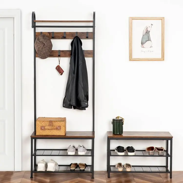 Wholesale Hall Tree with Shoe Bench and Coat Hooks Industrial Style Shoe Storage Clothes Organizer All-in-one