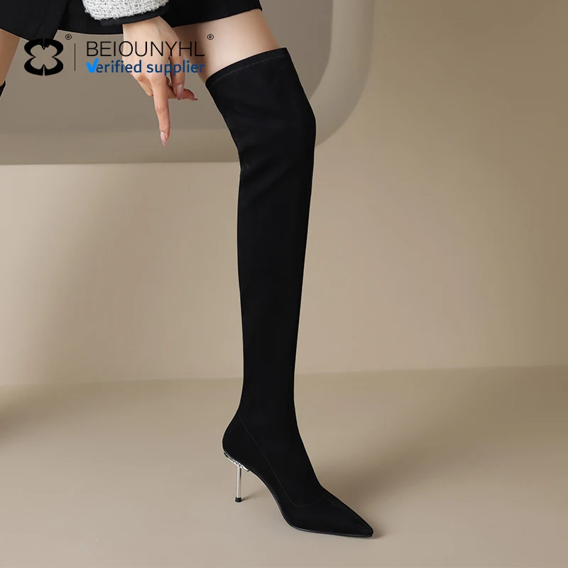 modern Women's Knee-High Sock Boots Over-the-Knee High Heel Pointed Toe Shoes Stretchy Long Fabric Fashion Ladies Boot