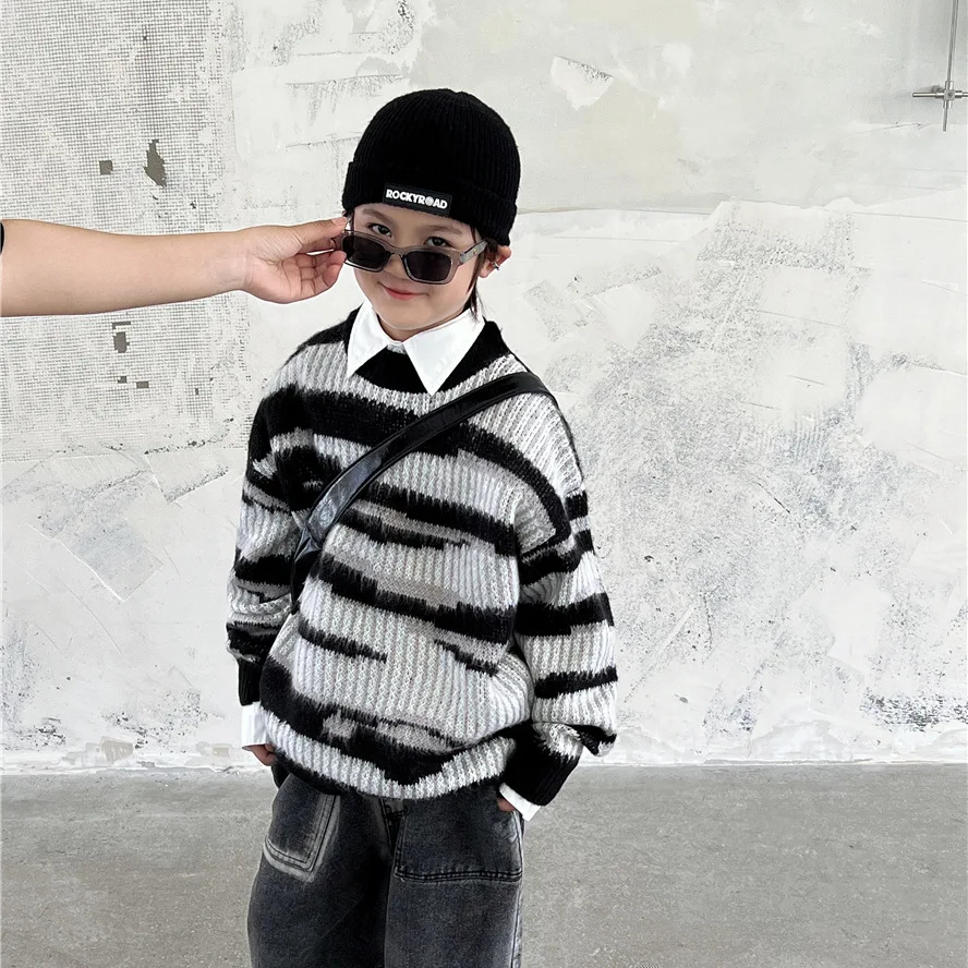 Fall and Winter 2023 Children's Sweater Irregular striped bristles thickened boy and girl baby crewneck sweater loose outer top