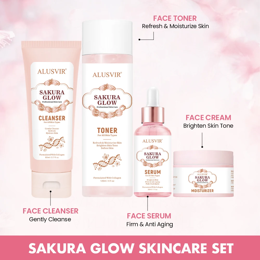 Private Label Organic Sakura Brightening Skin Care Set Products Cosmetics Anti Aging Face Toner Serum Cream Skincare Set (New)