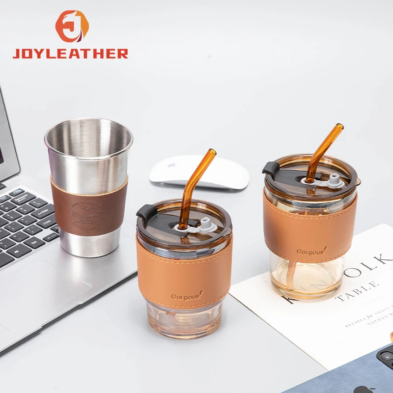 Portable PU Leather Cup Covers Coffee Mug Heat Insulation Straw Cup Sleeves Custom Travel Tumbler Sleeves
