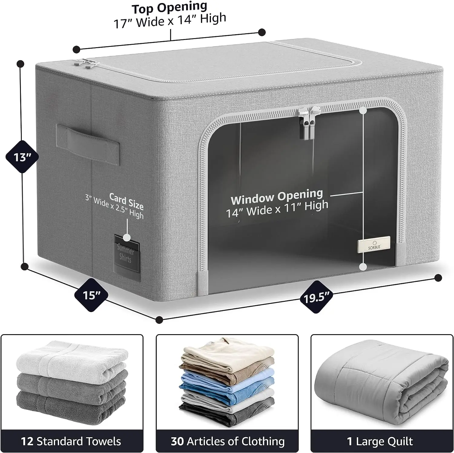 Grey Storage Bins with Metal Frame Foldable Box Oxford Fabric Storage Containers with Large Clear Window for Clothing