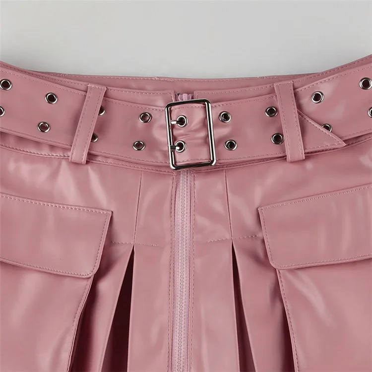 Pink Punk Leather Mini Skirt with Belt Women Low Rise Pocket Stitched Sexy Pleated PU Skirts