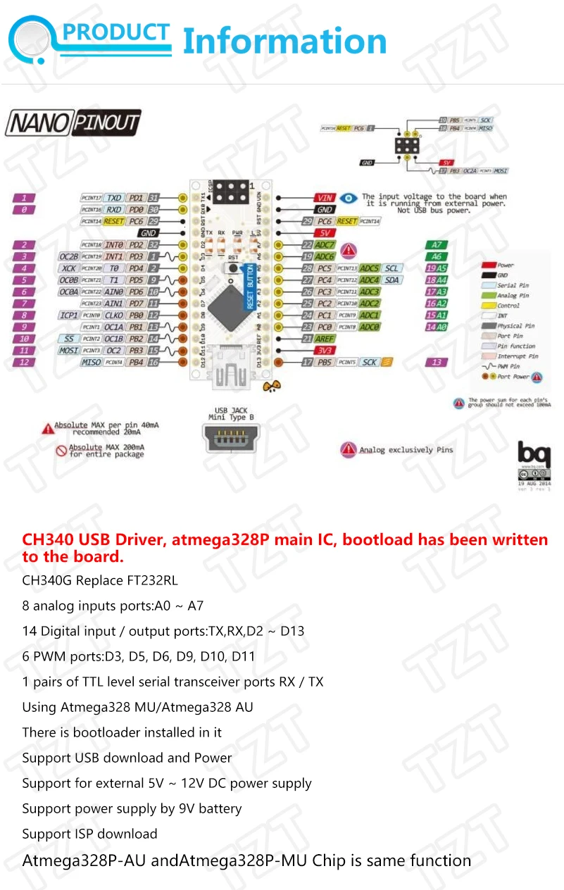 TZT Type-C USB Nano 3.0 With Bootloader Compatible Nano 3.0 Controller For Arduino CH340 USB Driver 16Mhz Original IC ATMEGA328P
