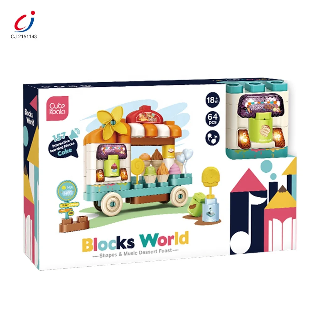 64PCS English Speech Recognition DIY Assembly Snack Ice Cream Cart Toy Building Block Toy Set With Light And Music