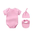 Baby Clothes 3PCS/SET Mini Newborn Baby Girls Suit Clothes Bibs Hat Set Solid Cotton Romper Short Sleeve With Hat Bonnets