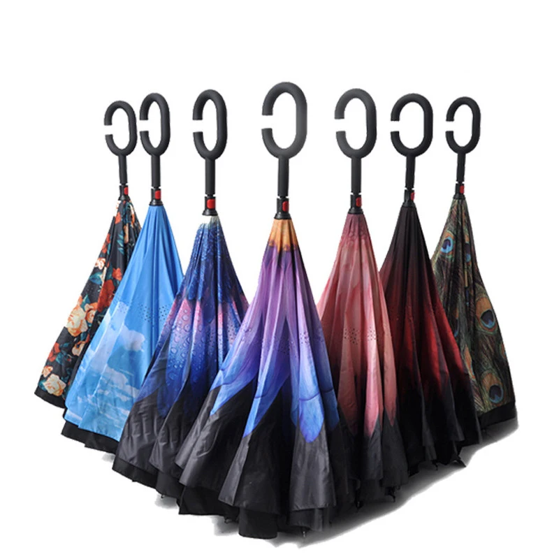 HJH486 New Hot Folding Long Shank Double Layer Inverted Umbrella Windproof Reverse C-Hook Golf Rain Umbrellas for Men Women