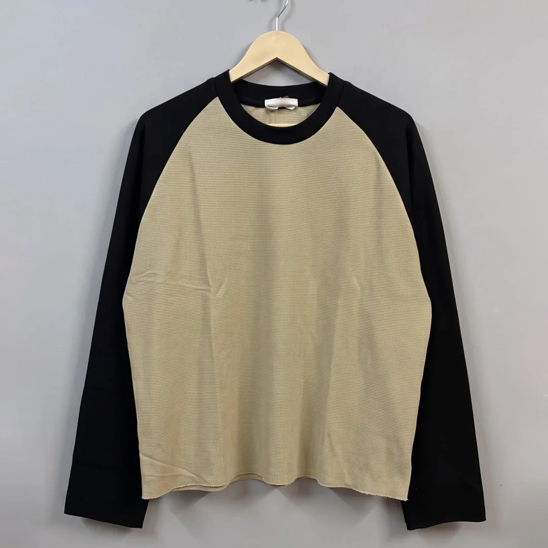 product custom premium knit fabric mens waffle raglan blank solid color long sleeve t shirt loose boxy streetwear casual tee-6