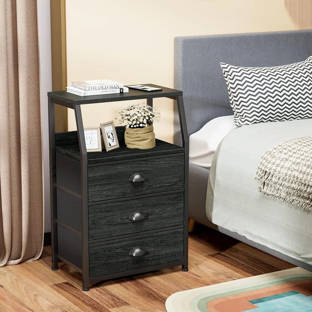 Black Bedside Table Nightstand with 3 Fabric Storage Drawers and 2-Tier Shelf manufacture