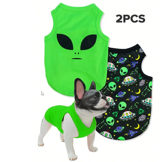 2pcs Polyester Alien Printed Vest, Anti-flea, Reducing Hair Shedding, Insulation And Breathable For Cats And Dogs Indoor&outdoor