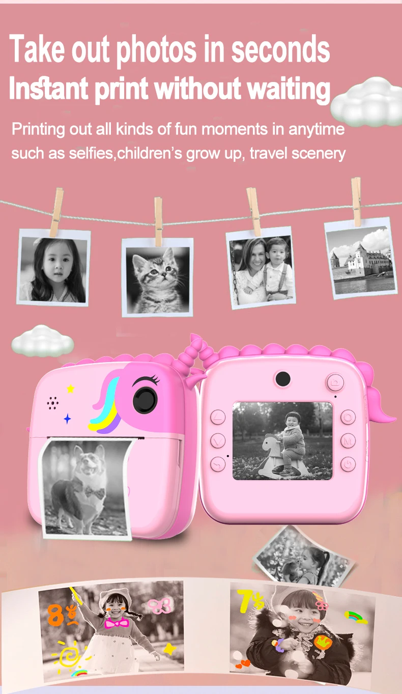 Portable Thermal Paper Baby Selfie Camera IPS Screen Children Toy Mini Video Camera Digital Instant Print Kids Cameras