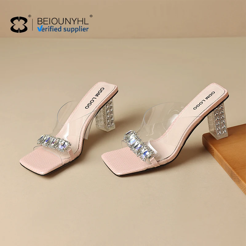 Summer Women New Arrival Square Head Slippers Fashion Sexy Solid Color Rhinestone Transparency European Large Size Heels Sandals